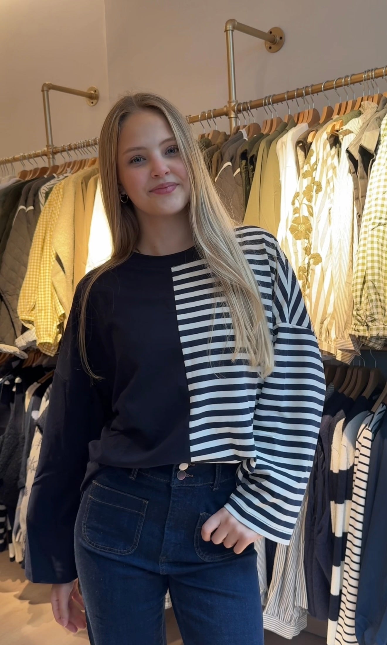 Half striped long sleeve tee